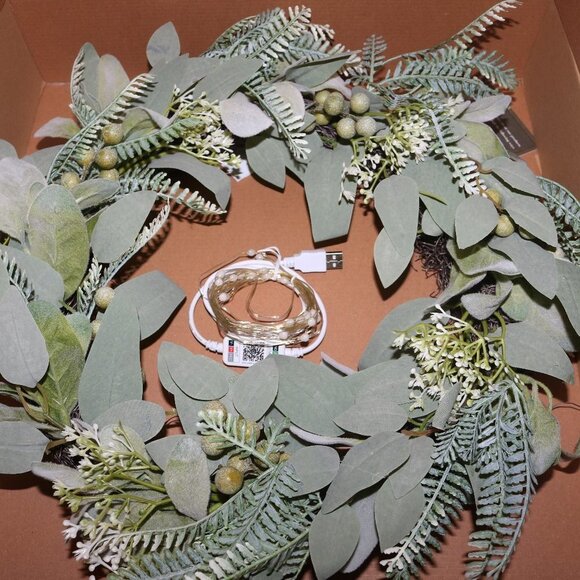 unbranded Other - Artificial Eucalyptus wreath 14 inches wide new open box W/LED bluetooth lights